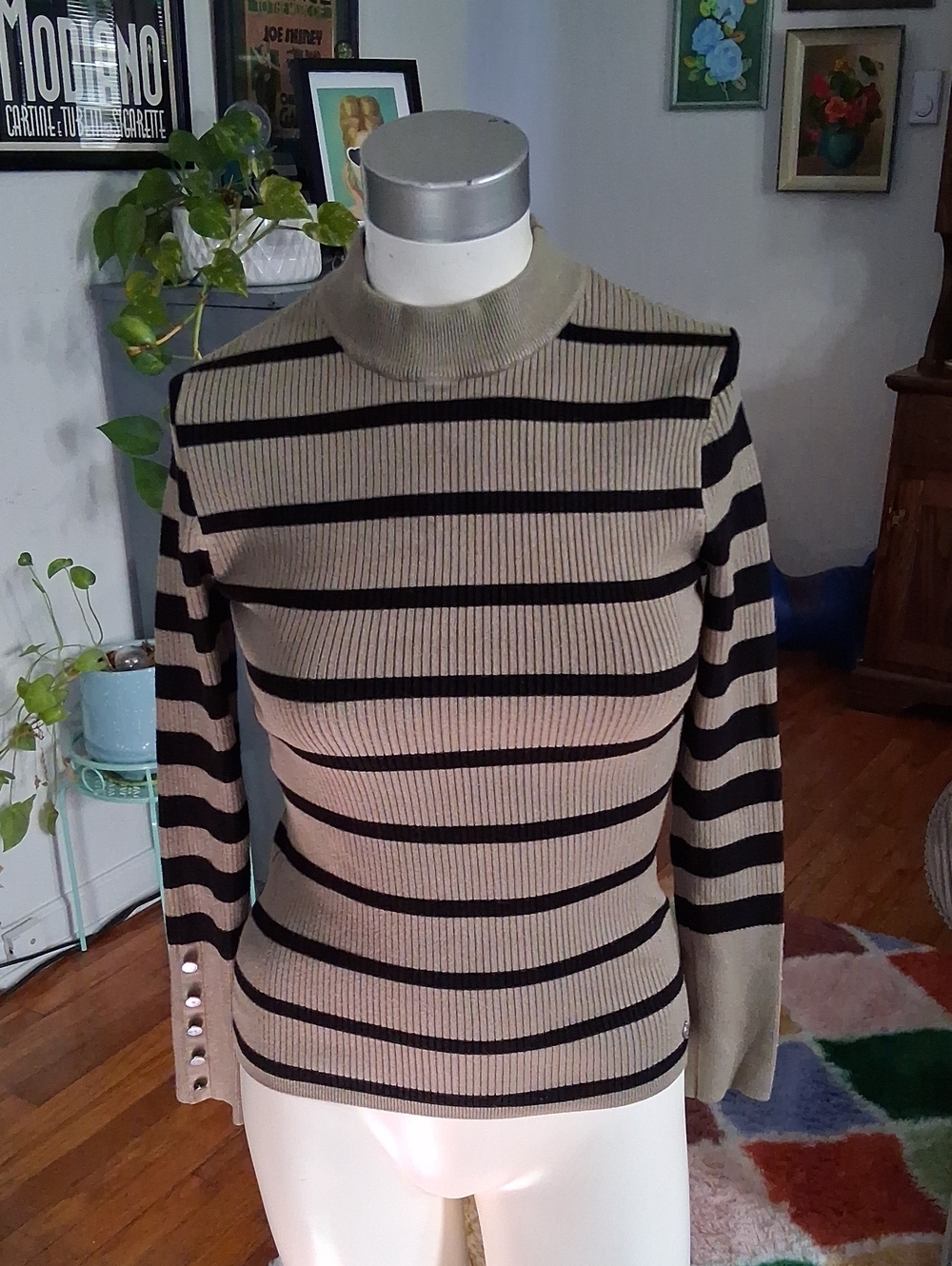 Guess Olive and Black Striped Ribbed Mock Neck Sweater